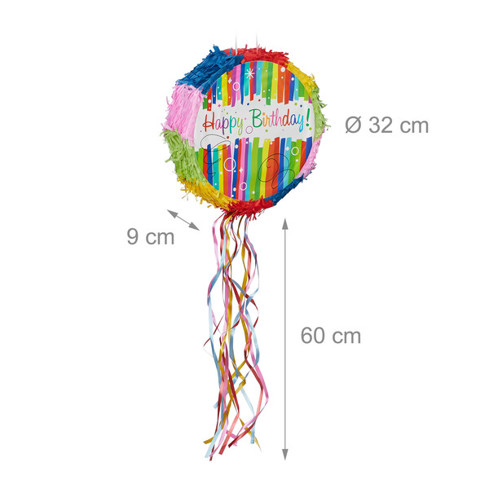 Geburtstagspinata "Happy Birthday" zum selbst Befüllen - Piñata für Kinder - DxT: 32 x 9 cm - Bunt