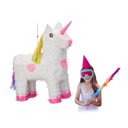 Pinata Einhorn zum Aufhängen für Kinder, Mädchen, Geburtstag, zum Befüllen, HxBxT: 47 x 43 x 13 cm, weiß-rosa